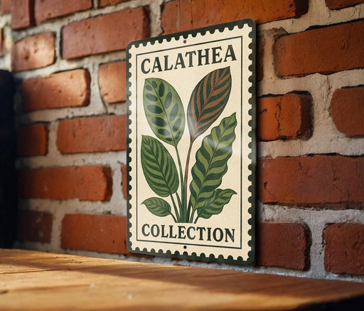 A metal sign with a plant illustration and the text "CALATEA COLLECTION" is displayed on a brick wall.