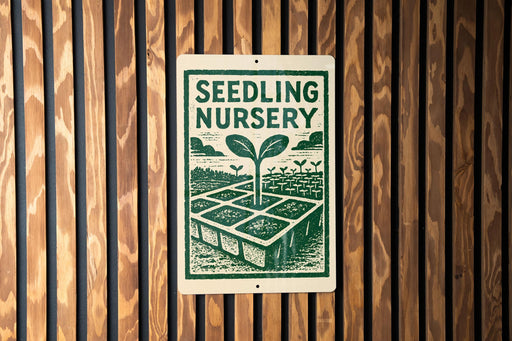 a sign for a seedling nursery, with a green and white design depicting a plant growing in a garden.