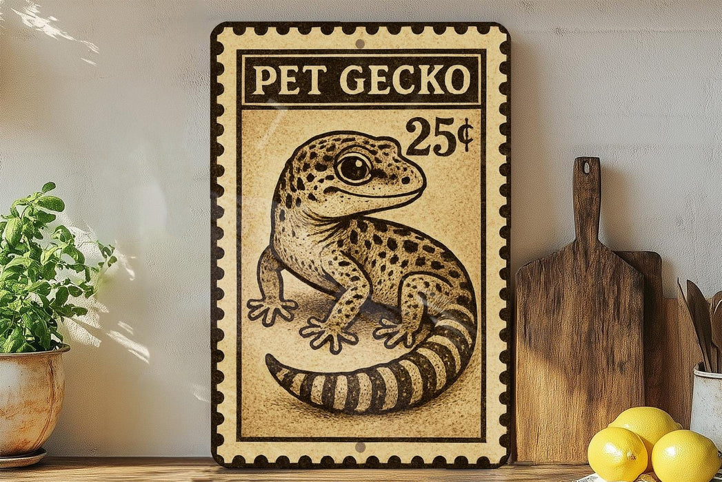 A metal sign with a gecko illustration and the text "PET GECKO 25¢" is displayed on a wooden shelf, accompanied by a potted plant, a wooden cutting board, and some lemons.