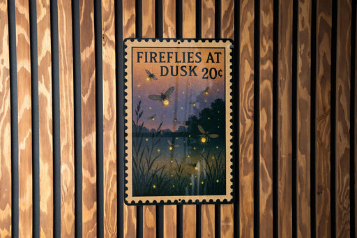A framed poster with a nighttime scene of fireflies and a pond, mounted on a wooden wall.