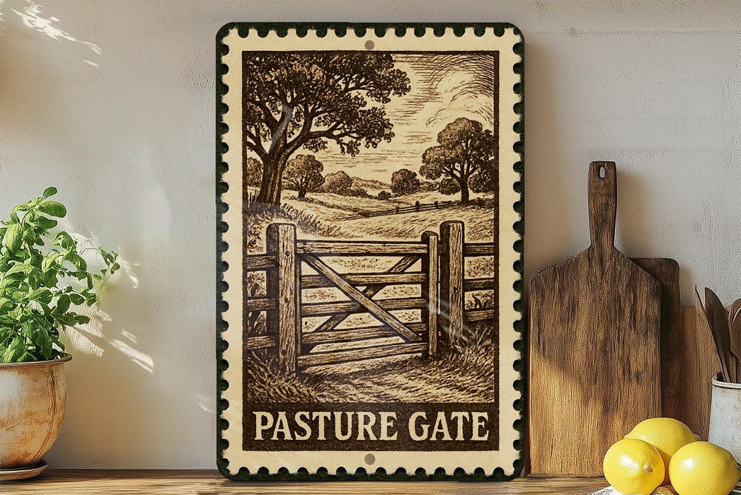 a framed illustration of a wooden gate with a pastoral landscape in the background, placed on a shelf next to a wooden cutting board and a potted plant.