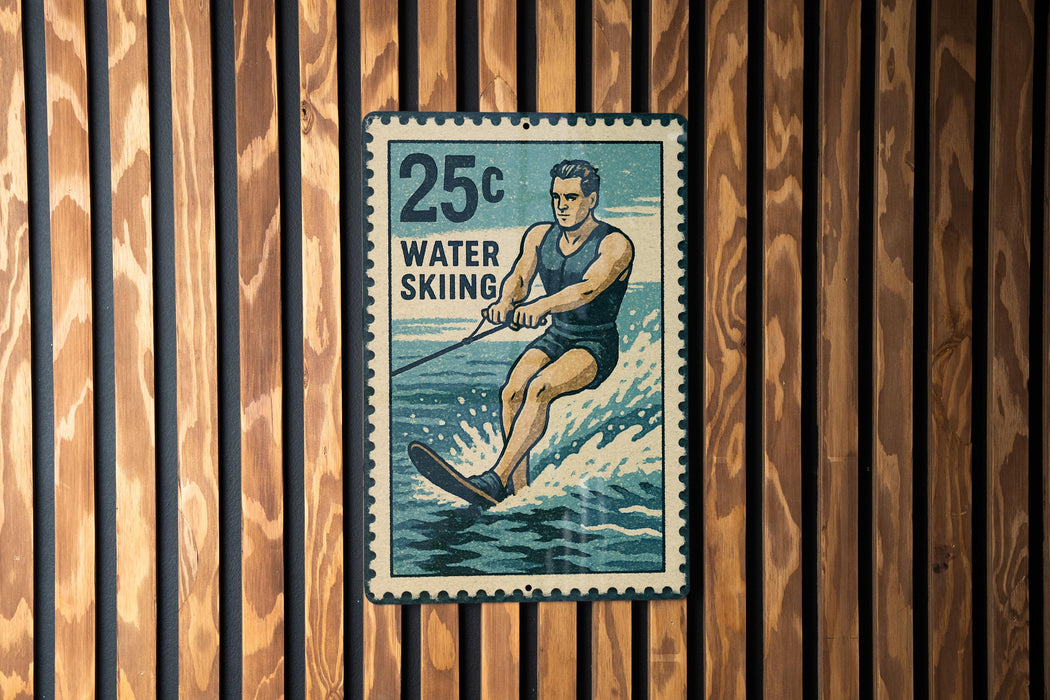 A vintage-style metal sign with a water skiing illustration, mounted on a wooden wall.