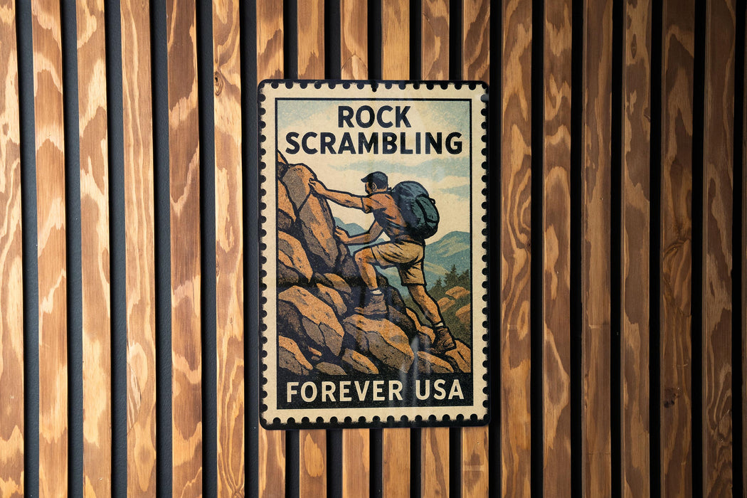 A vintage-style metal stamp with the text "ROCK SCRAMBLING" and "FREVER USA" printed on it, mounted on a wooden wall.