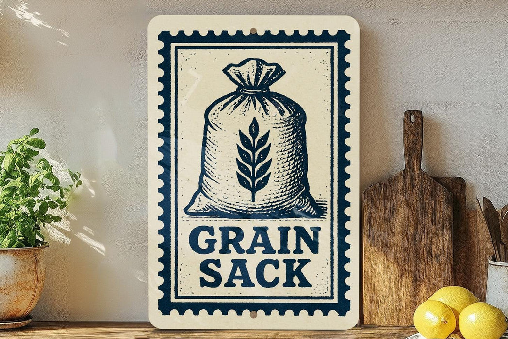 a sign that reads "Grain Sack" with a wheat stalk graphic, placed on a wooden surface next to a wooden cutting board and a potted plant.