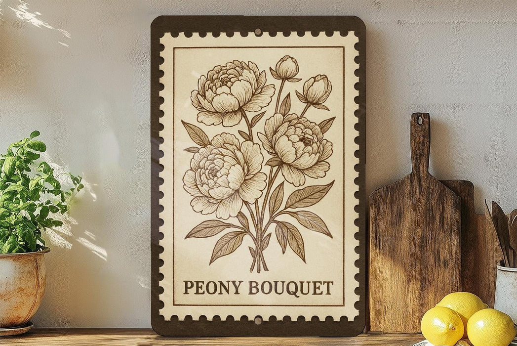 A framed illustration of a peony bouquet is displayed on a shelf, accompanied by a wooden cutting board, a potted plant, and some lemons.