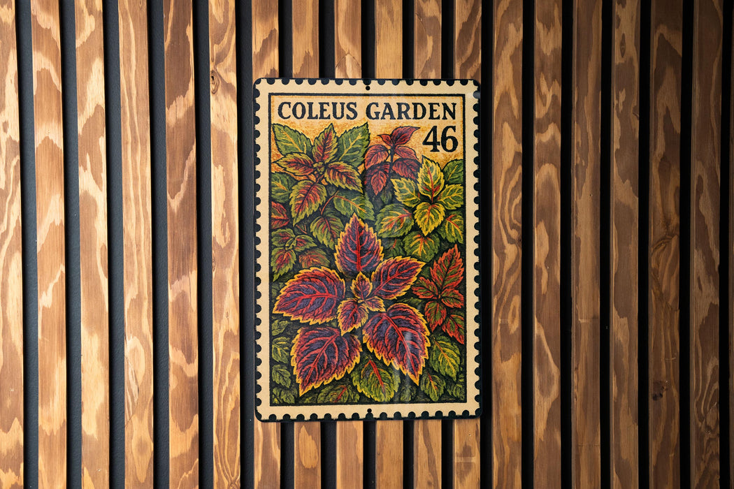 A colorful postage stamp featuring a vibrant plant with large leaves, displayed on a wooden wall.