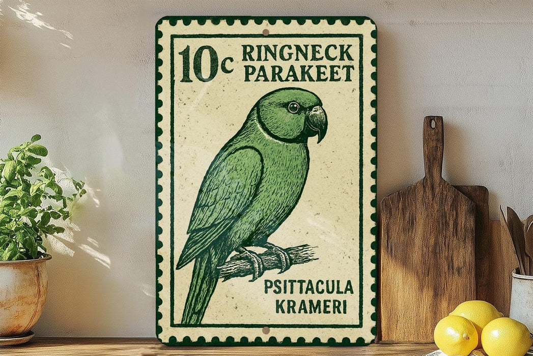 A green parrot is depicted on a sign with the text "10c RINGNECK PARAKEEET PSITACULA KRAMERI"