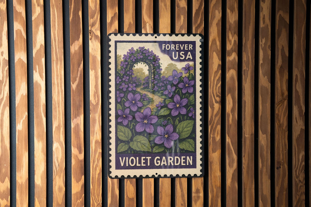 A vintage-style postage stamp featuring a purple garden scene with purple flowers and green leaves, mounted on a wooden wall.
