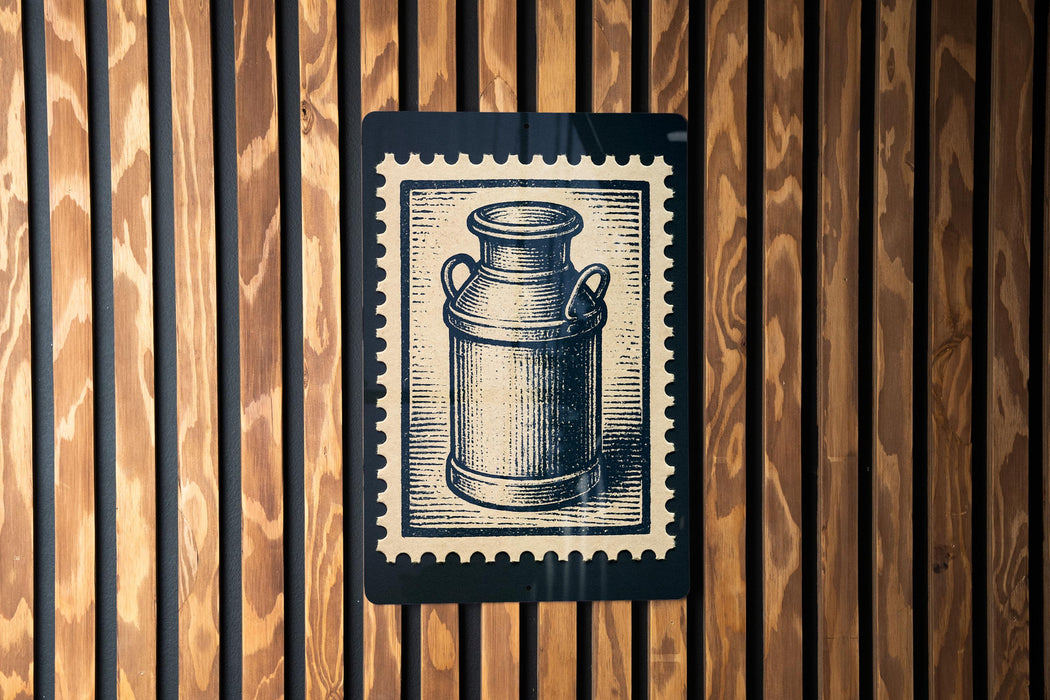 a black and white illustration of a milk can, which is mounted on a wooden wall.