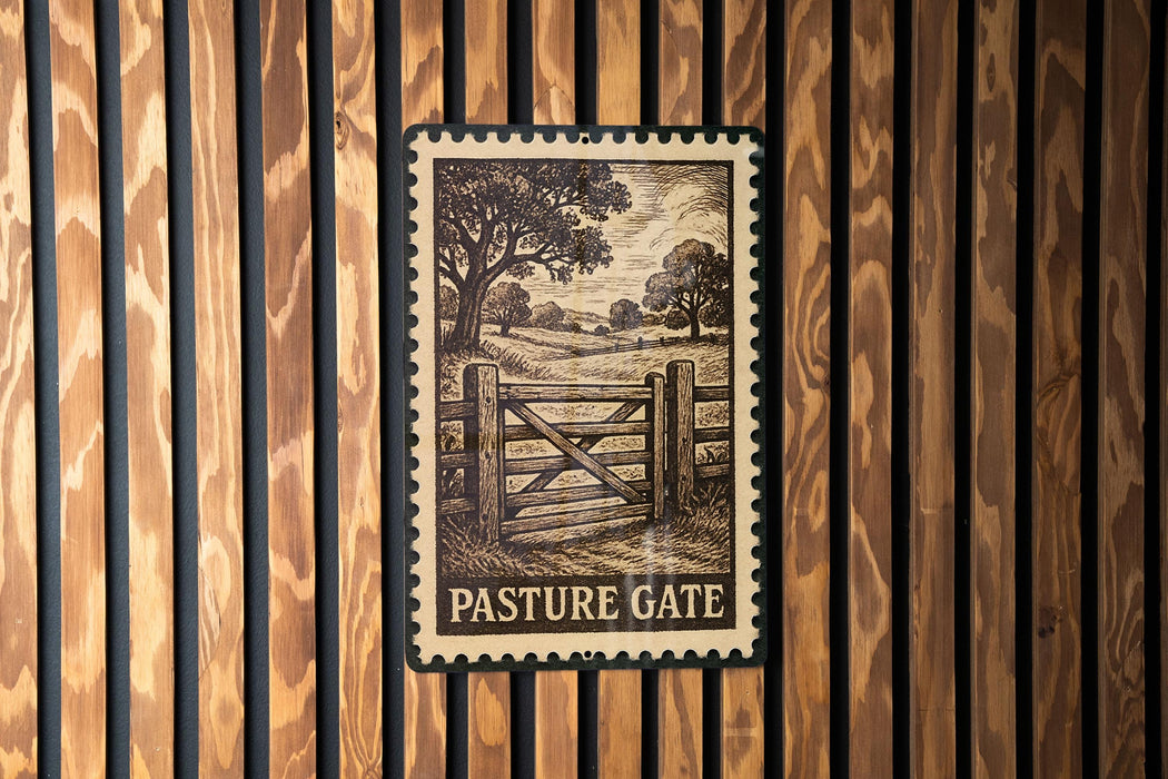 A metal sign with a wood grain background hangs on a wooden wall, featuring an illustration of a gate and trees.