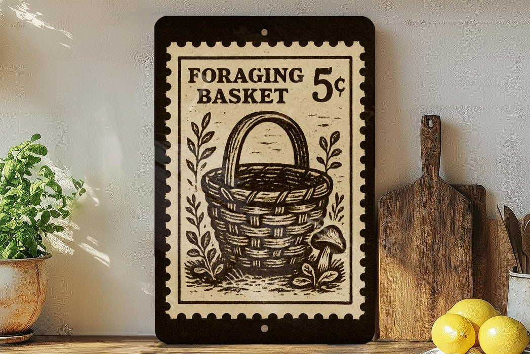 a black and white illustration of a basket on a wall, with a stamp-like border.