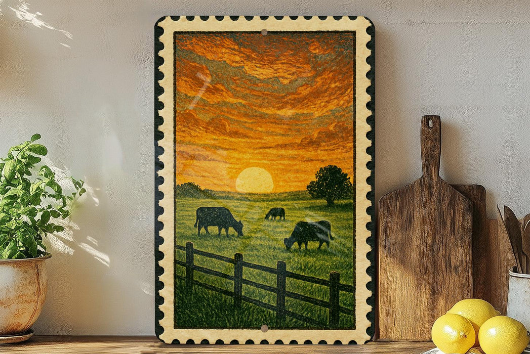 a framed painting depicting a pastoral scene with cows grazing in a grassy field, set against a vibrant sunset sky.