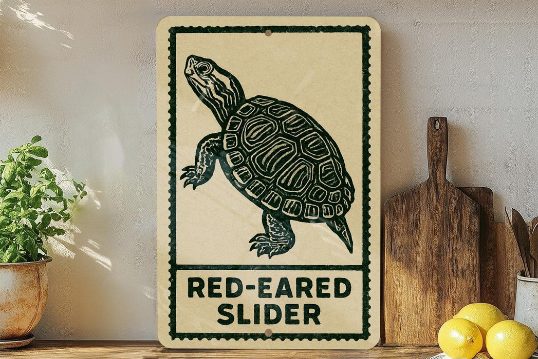 A sign with a turtle illustration and the text "RED-EARED SLIDER" is displayed on a shelf next to a wooden cutting board and some potted plants.