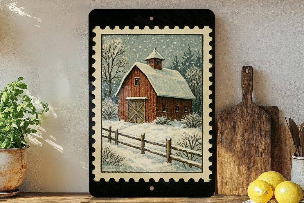 A framed painting of a red barn with a snowy landscape in the background, surrounded by a wooden fence and trees, is displayed on a shelf next to a wooden cutting board and a potted plant.