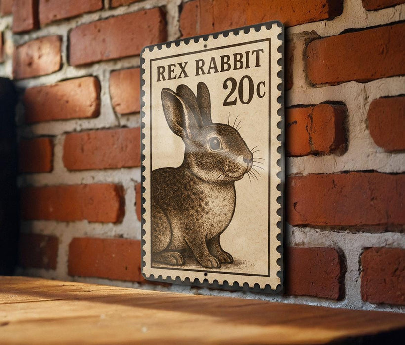 A vintage-style metal sign featuring a rabbit on a brick wall.