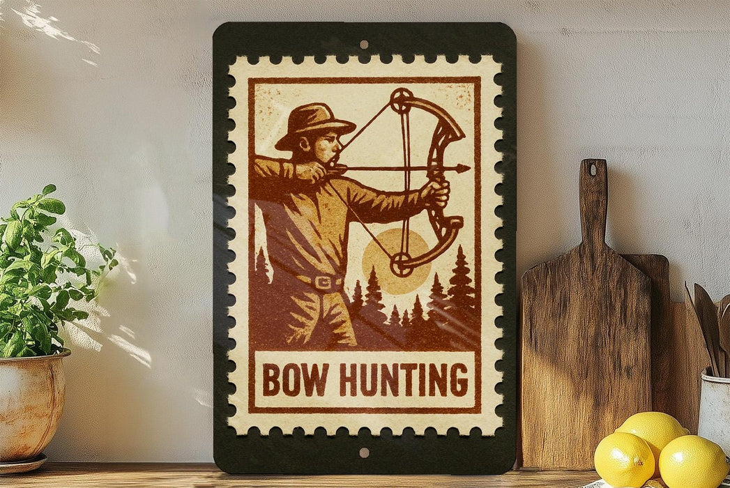 A framed image of a man holding a bow and arrow, with the text "BOW HUNTING" below the illustration, is displayed on a shelf next to a wooden cutting board and a potted plant.
