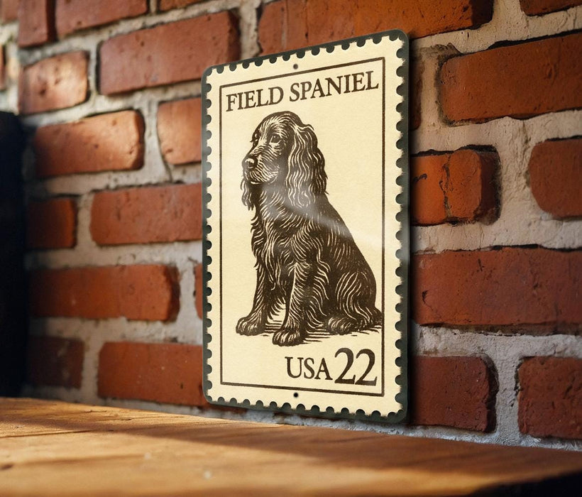 A metal sign with a printed image of a Field Spaniel dog, mounted on a brick wall.