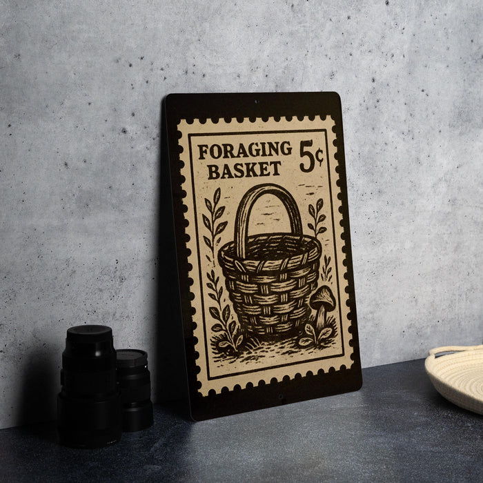 a black and white stamp-like artwork depicting a basket, placed on a dark surface next to some black camera lenses.