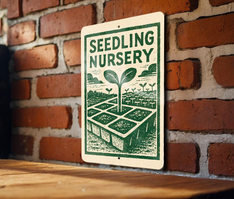 A sign for a "Seedling Nursery" is displayed on a brick wall, featuring a green and white illustration of a plant growing from a garden bed.