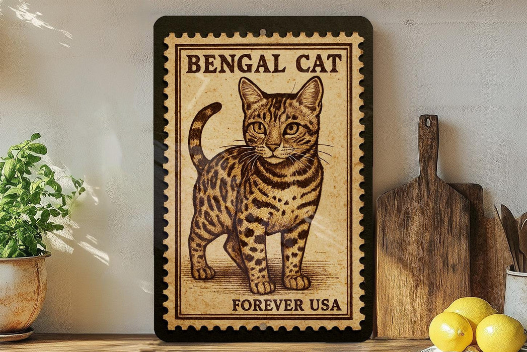 A framed image of a Bengal cat, with the text "BENGAL CAT" and "FREVER USA" printed on it, is displayed on a shelf next to a wooden cutting board and a potted plant.