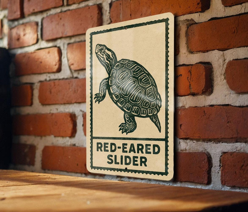 A sign with a turtle illustration on it is mounted on a brick wall.