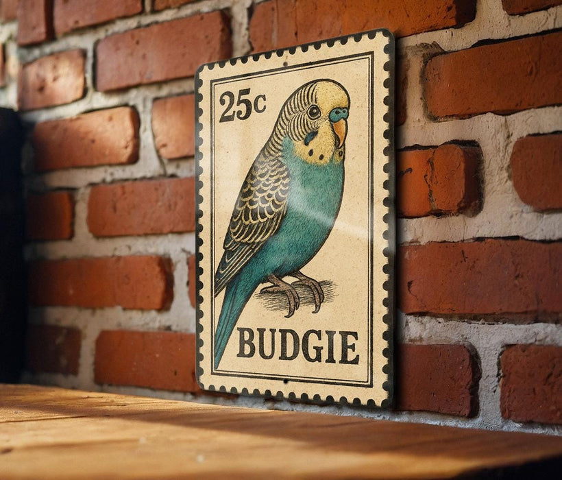 A 25c postage stamp featuring a blue and green budgie bird is displayed on a brick wall.