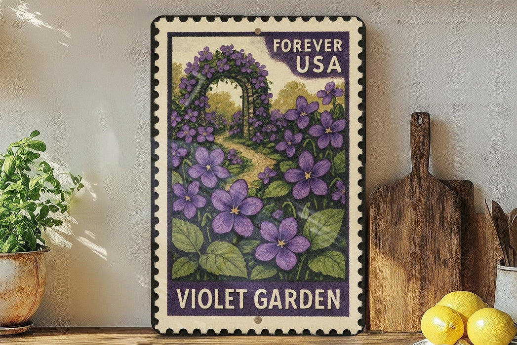 A vintage-style postage stamp featuring a purple garden scene with purple flowers and a wooden archway, displayed on a shelf next to a wooden cutting board and a potted plant.