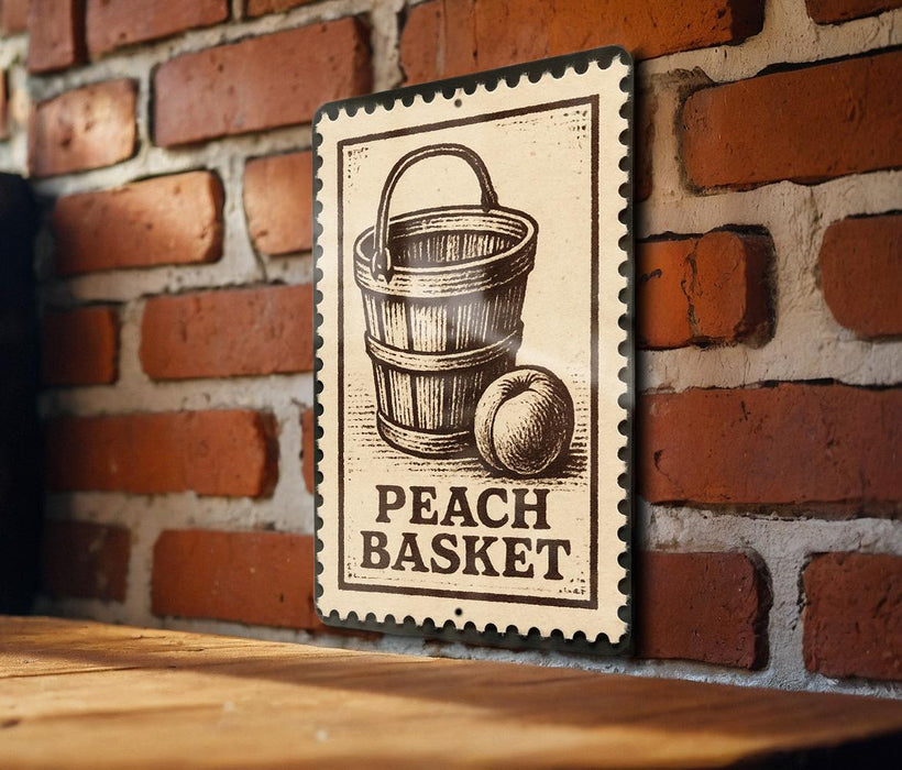 A metal sign with a vintage-style illustration of a peach basket and an apple, mounted on a brick wall.
