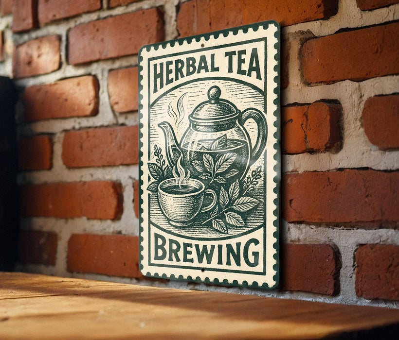 A sign for "Herbal Tea Brewing" is displayed on a brick wall, featuring an illustration of a teapot and a cup of tea.