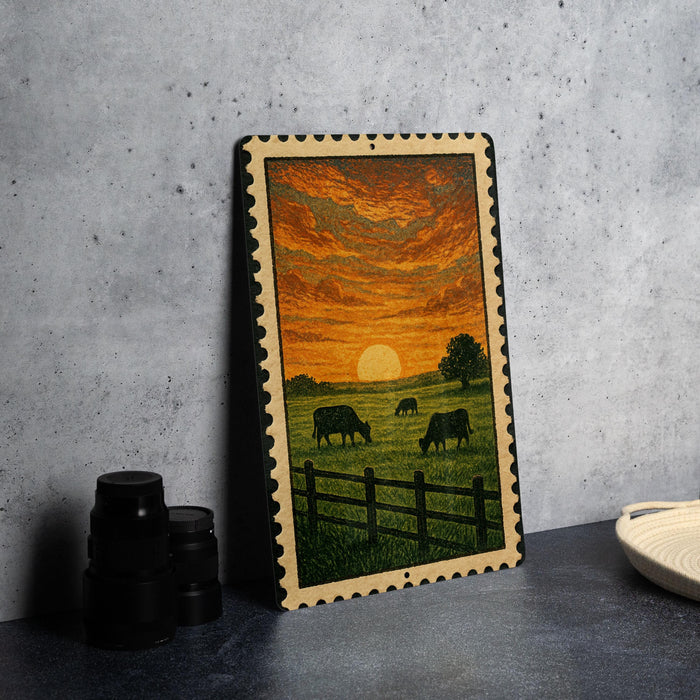 A framed painting depicting a pastoral scene with cows grazing in a grassy field, set against a vibrant sunset sky.