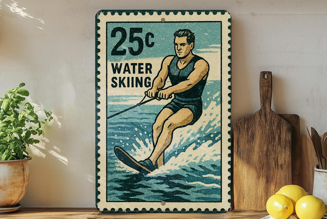 A vintage-style metal sign featuring a man water skiing, with a 25c price tag, is displayed on a shelf next to a wooden cutting board and some lemons.
