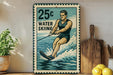 A vintage-style metal sign featuring a man water skiing, with a 25c price tag, is displayed on a shelf next to a wooden cutting board and some lemons.