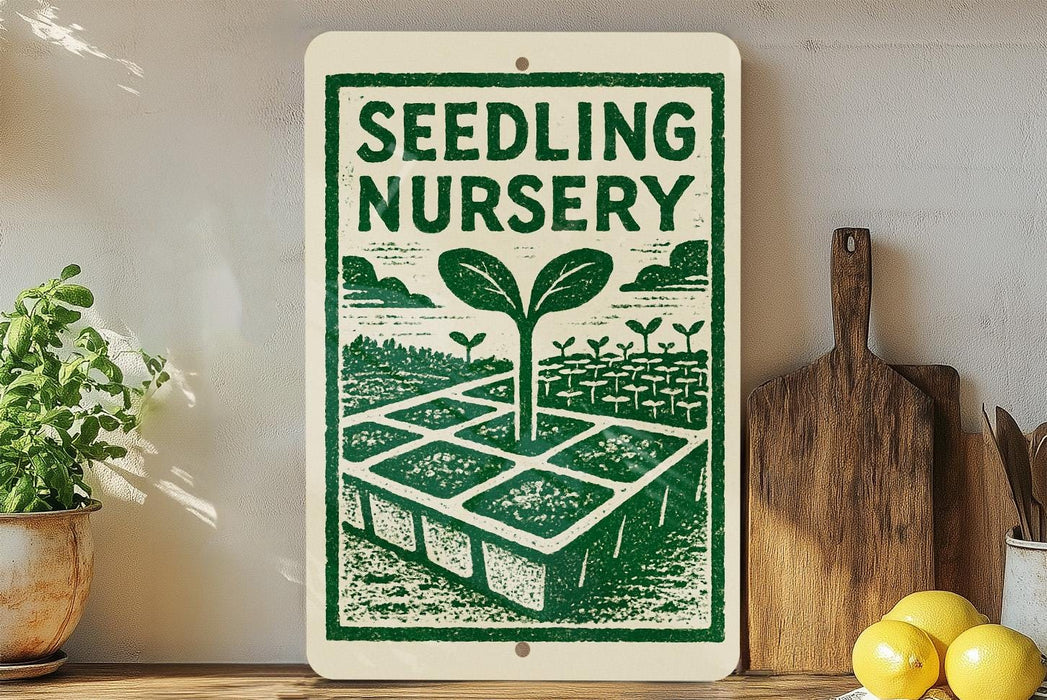 a sign for a seedling nursery, with a green and white design depicting a garden with plants and a tree. The sign is displayed on a shelf next to a wooden cutting board and a potted plant.