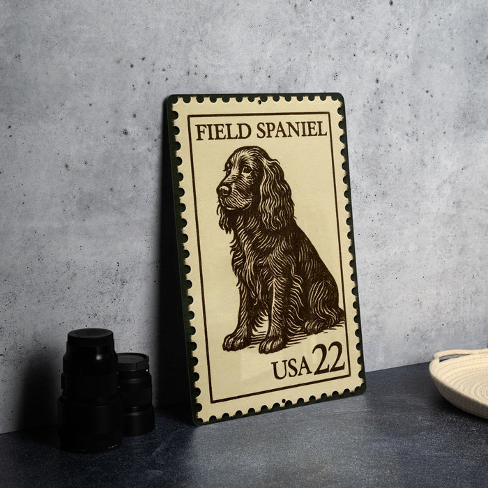 A metal sign featuring a field spaniel dog, with a stamp-like border and text, is displayed on a table next to some black camera lenses.