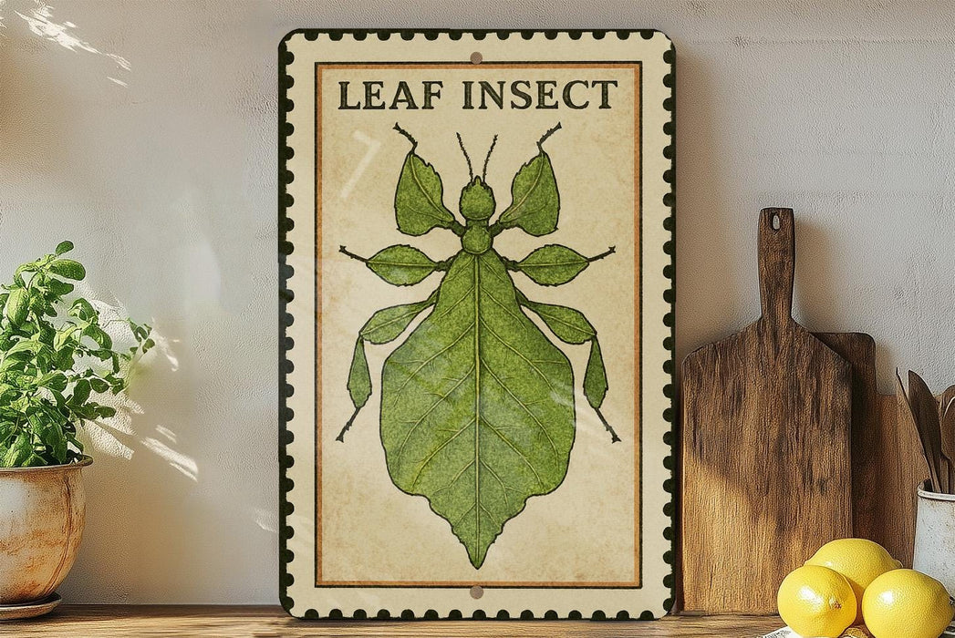 A framed illustration of a leaf insect is displayed on a shelf, accompanied by a wooden cutting board, a potted plant, and some lemons.