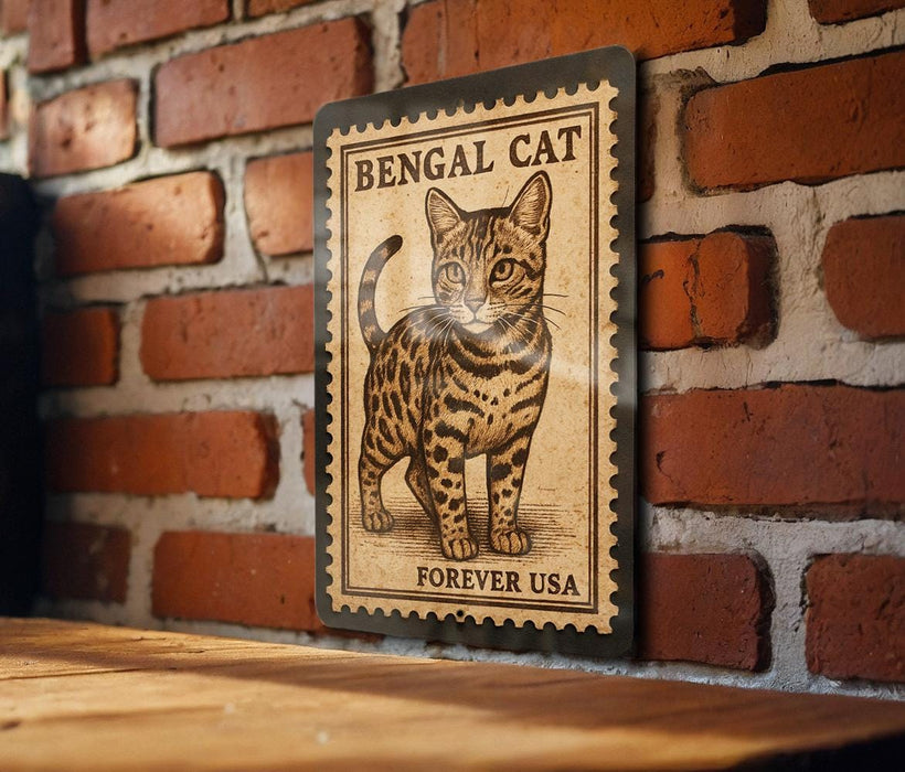 A vintage-style metal stamp featuring a Bengal cat illustration, mounted on a brick wall.