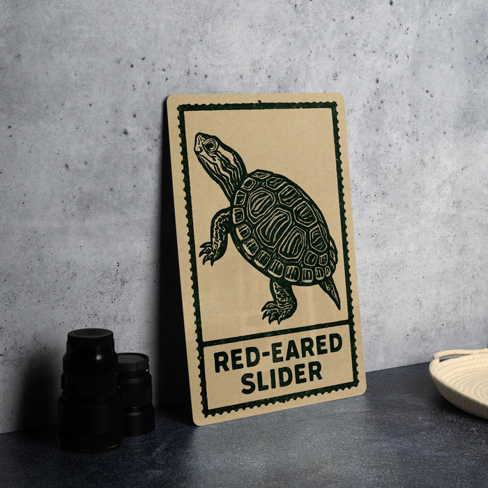A wooden sign with a turtle illustration and the text "RED-EARED SLIDER" is displayed on a table.