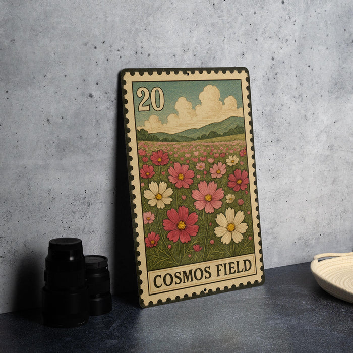 A metal stamp with a floral design, featuring a field of flowers and mountains in the background, is displayed on a table.