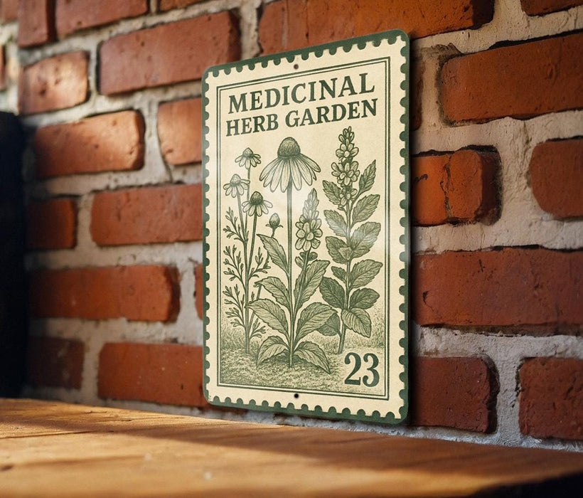 a metal sign with a brick wall background, displaying the text "MEDICINAL HERB GARDEN" and an illustration of various herbs and plants.