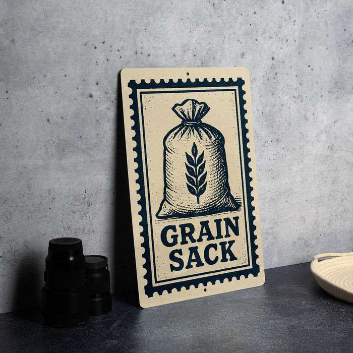 a metal sign with a graphic of a bag of grain and the text "Grain Sack" on it, placed on a countertop next to some black camera lenses.