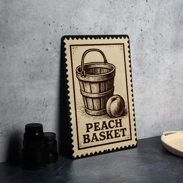 A wooden bucket with an illustration of an apple on it, along with the text "PEACH BASKET" on a wooden frame, is displayed on a table.