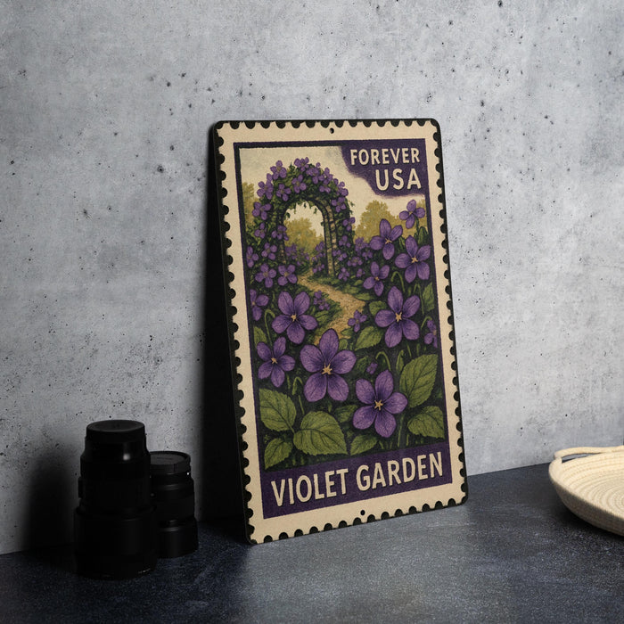 A metal sign with a purple floral design and the text "Forever USA" is displayed on a table, accompanied by a stack of black camera lenses and a white dish.