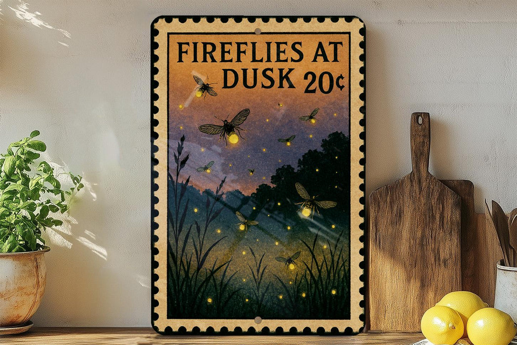 A framed poster on a wall advertising "Fireflies at Dusk 20¢".