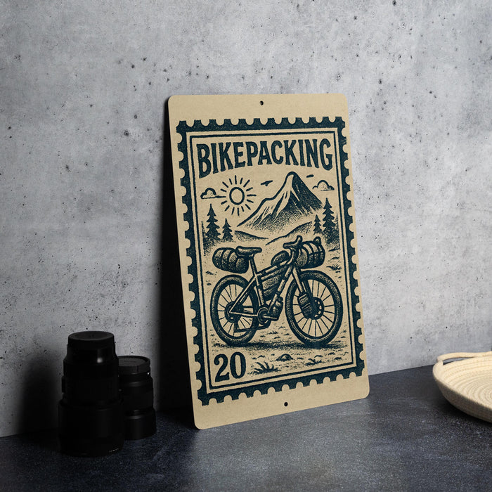 a wooden sign with a bicycle and mountain scenery, along with a stamp-like design, placed on a table next to some black camera lenses.