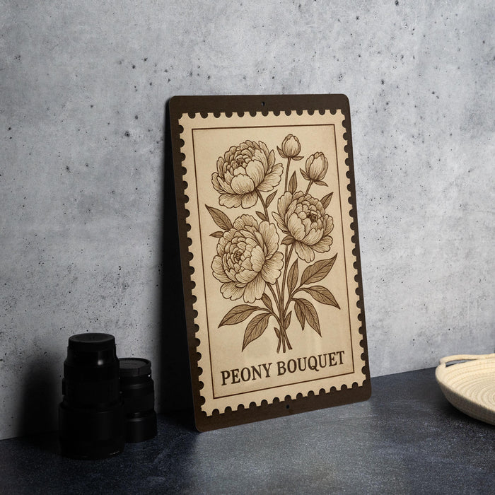 A wooden frame with a floral design and the text "PEONY BOUQUET" is displayed on a table, accompanied by a stack of black camera lenses and a woven basket.
