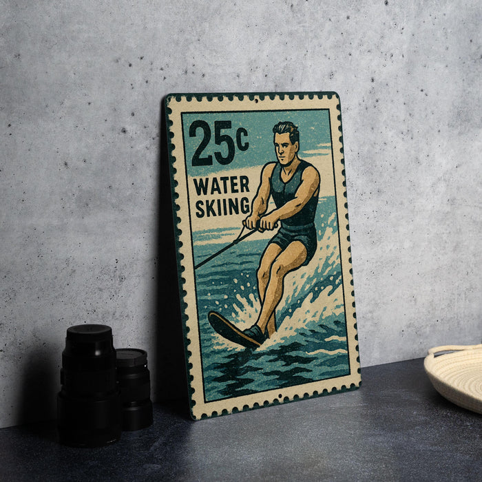 A vintage-style metal stamp depicting a man water skiing, with the text "25c" and "WATER SKIING" printed on it.