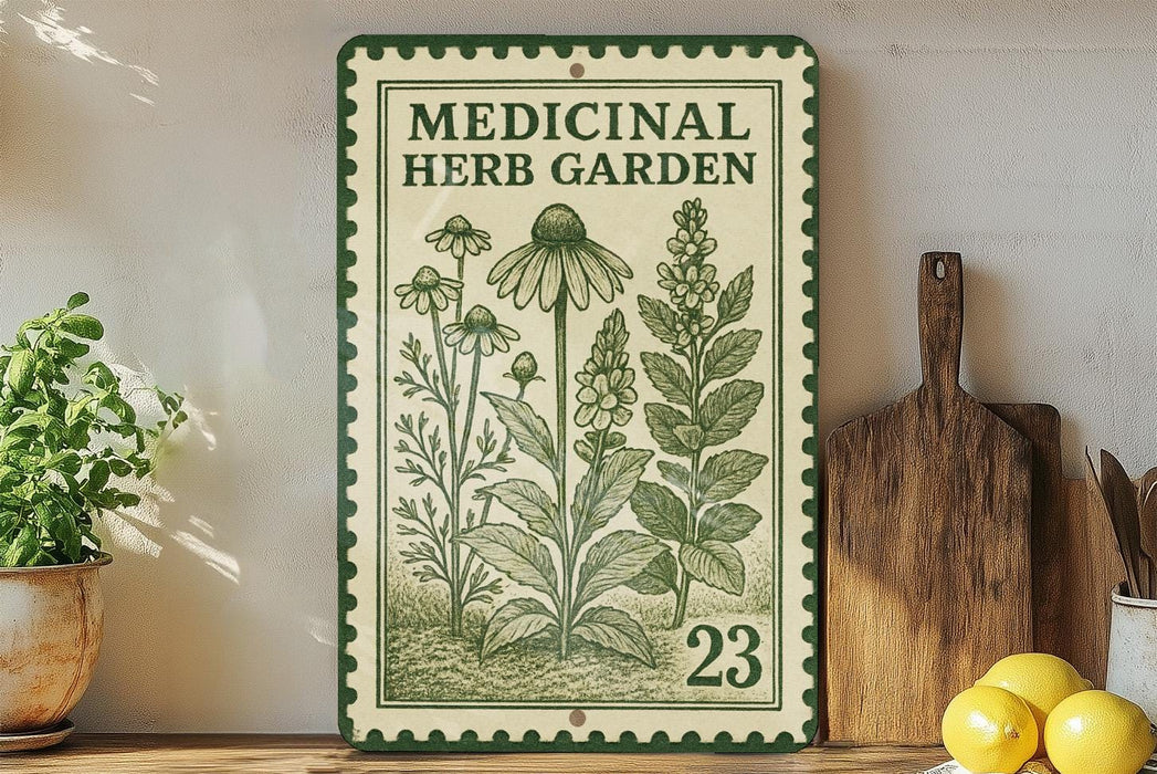a green and white sign with illustrations of plants and flowers, placed on a wooden shelf next to a wooden cutting board and a potted plant.