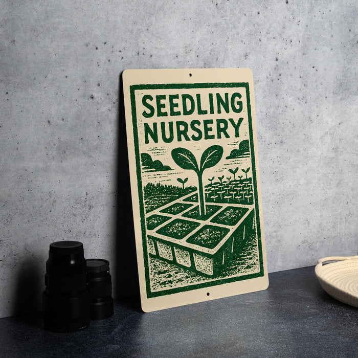 a sign for a "Seedling Nursery" with a green and white design depicting a garden with plants and a tree.