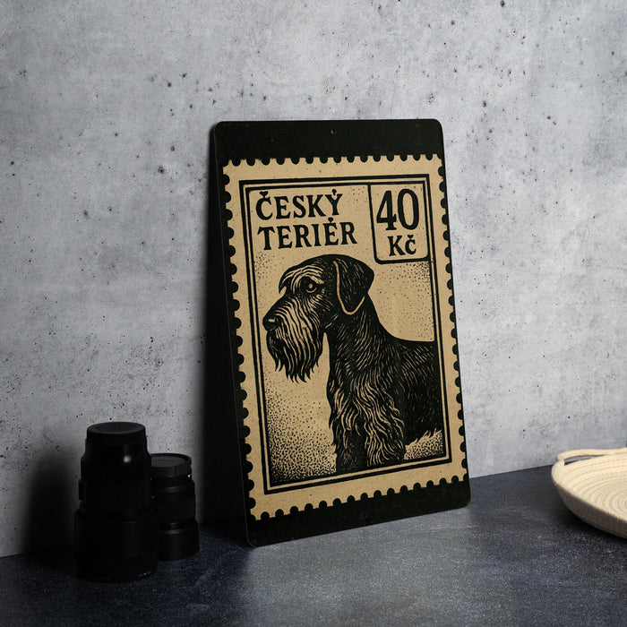 A black and white postage stamp featuring a dog, placed on a countertop next to some black camera lenses.