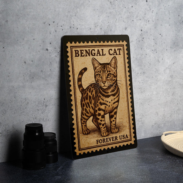 A framed image of a Bengal cat, with the text "BENGAL CAT" and "FREVER USA" printed on it, is displayed on a table.